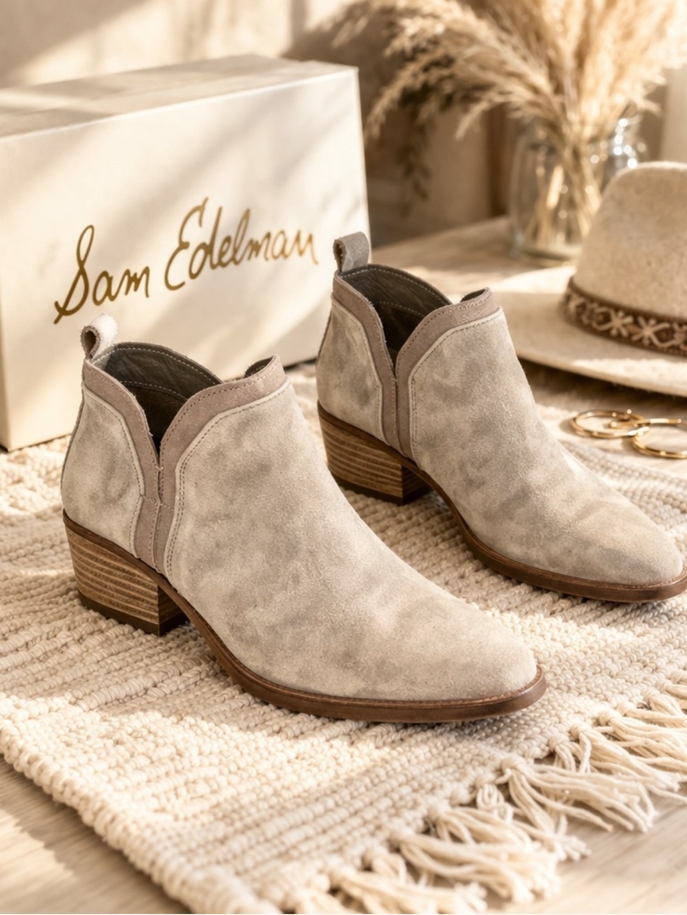 Sam Edelman Taupe Suede Ankle Boots Low Heel Western Boho 8